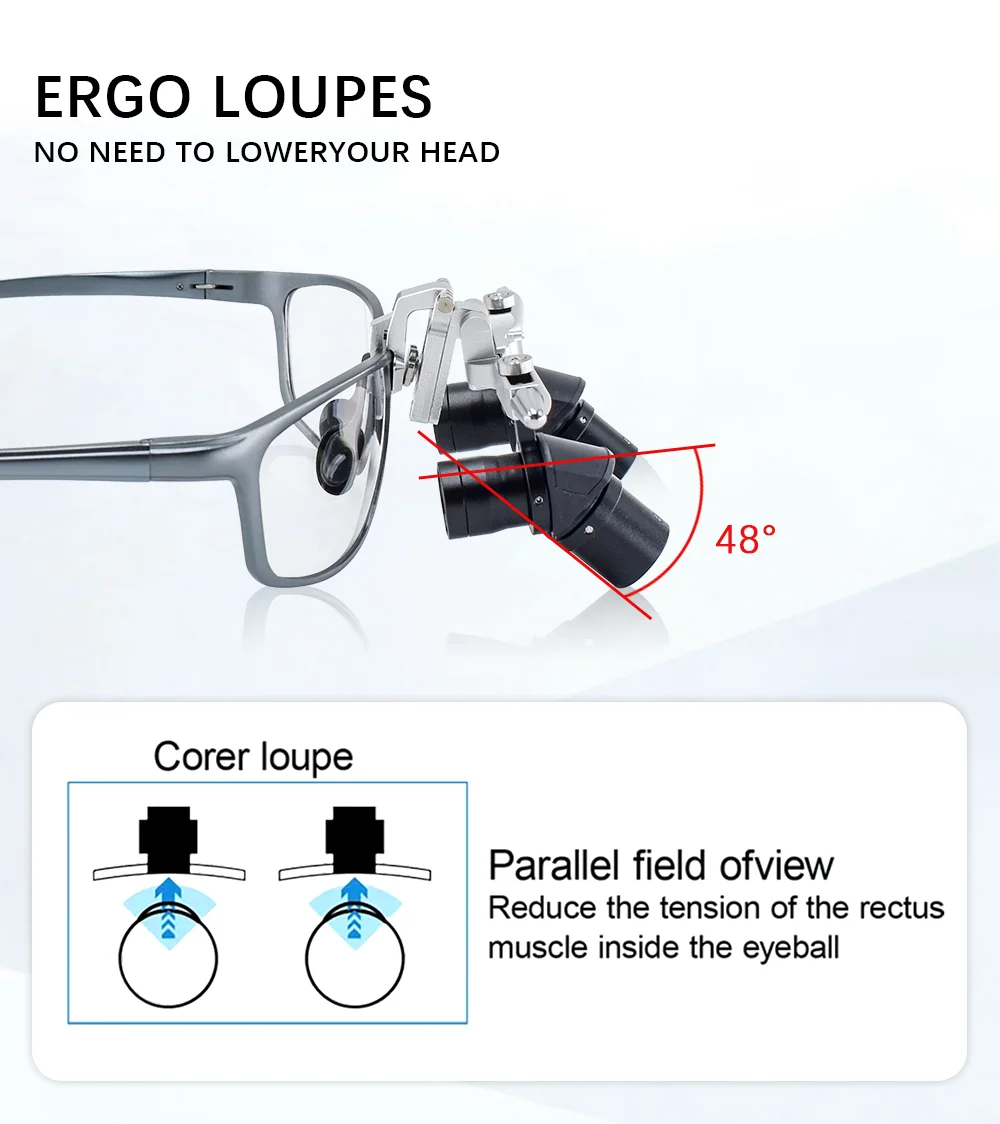 Dental 48 ° Ergo Loupes 4X Medical Magnifying Glass Prevent Bending and Portable Ergo Loupes Light Combination Dentistry Tool