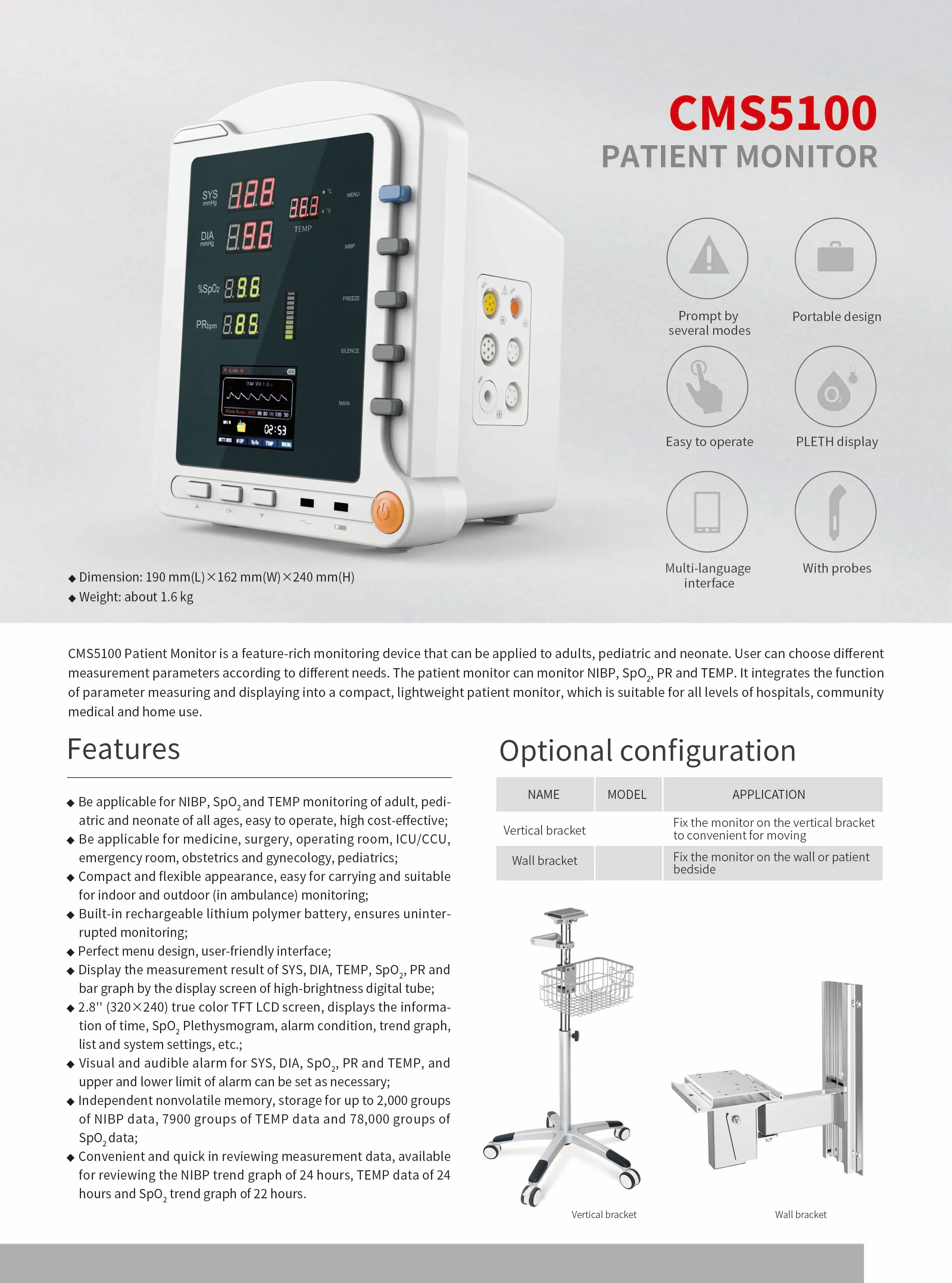 CONTEC ICU Patient Monitor SPO2 Pulse Rate TEMP NIBP Vital Signs Monitor CMS5100 Multi Parameters