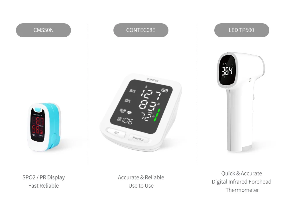 CONTEC Portable Arm Automatic Digital Blood Pressure Monitor FingerTip Pulse Oximeter&Non-Contact Infrared Forehead Thermometer