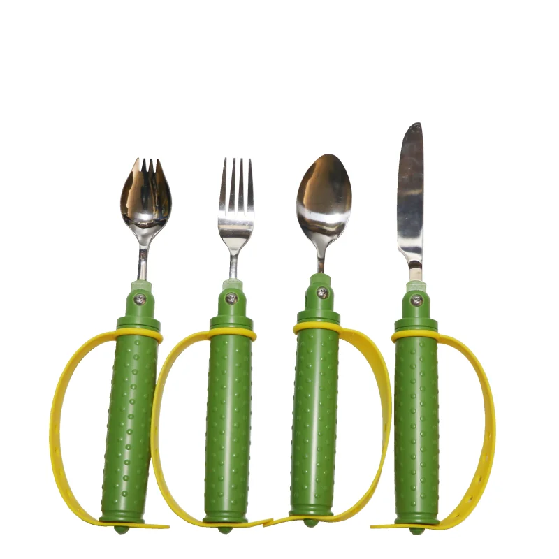Elderly Eating Aids Fork/Spoon Food Grade Stainless Steel with Anti-drop Skid Safe Straps Adjustable Angle Assistive Cutlery Set