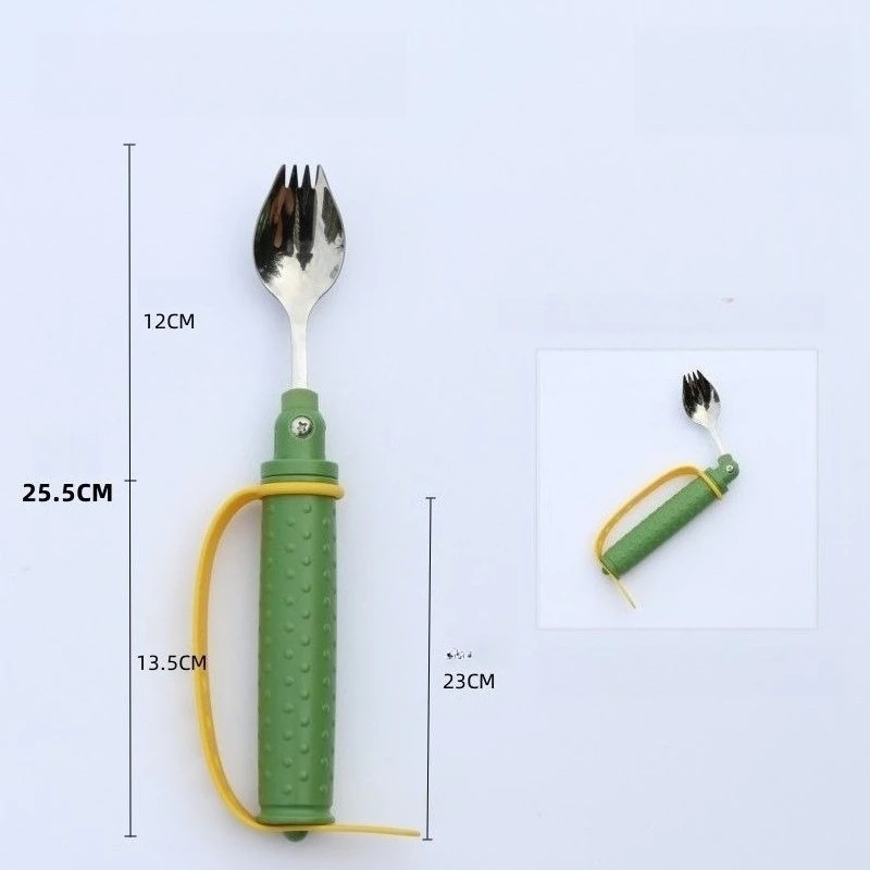 Elderly Eating Aids Fork/Spoon Food Grade Stainless Steel with Anti-drop Skid Safe Straps Adjustable Angle Assistive Cutlery Set