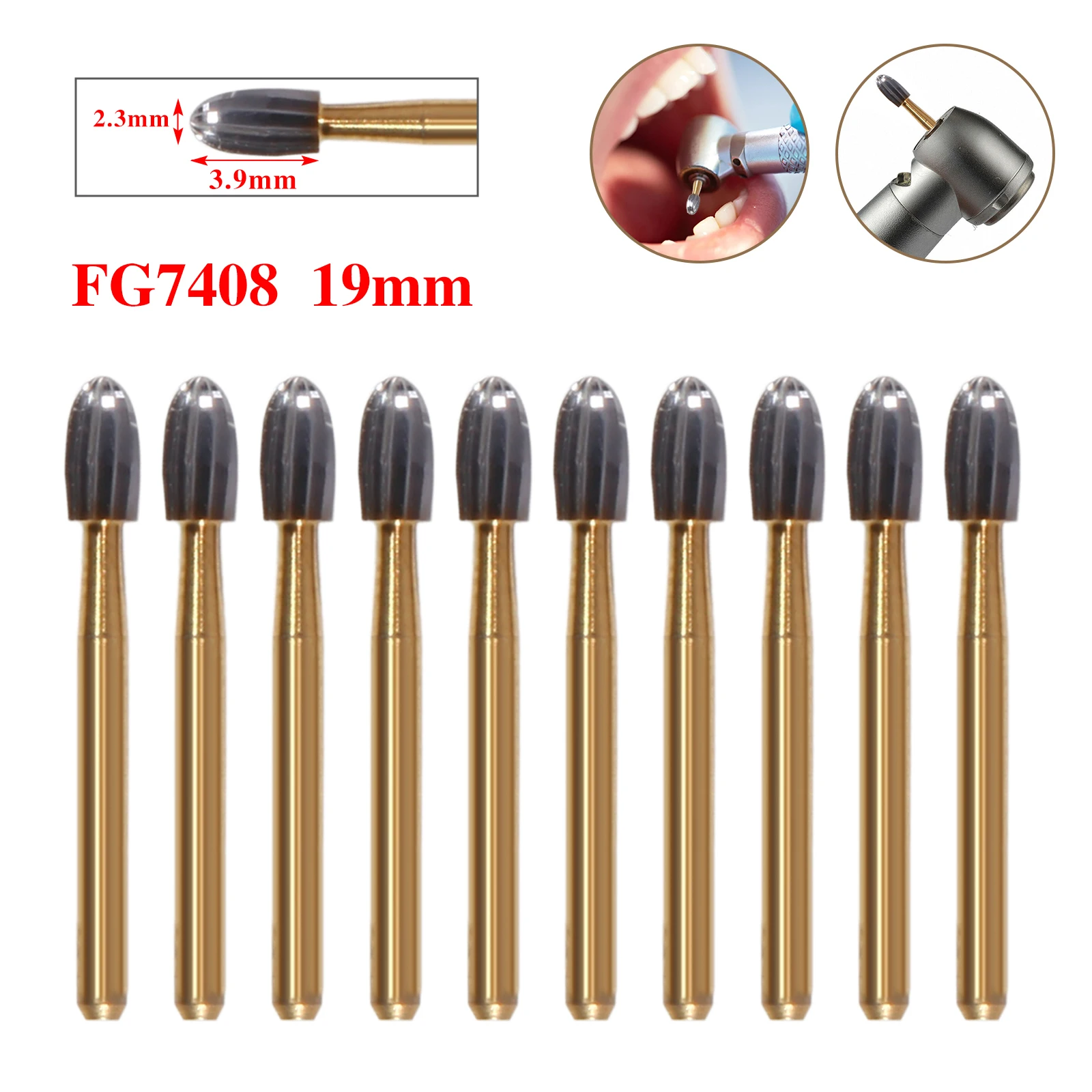 Dental Tungsten Carbide Burs Trimming & Finishing Gold FG-7404/7406/7408 for High Speed Handpiece