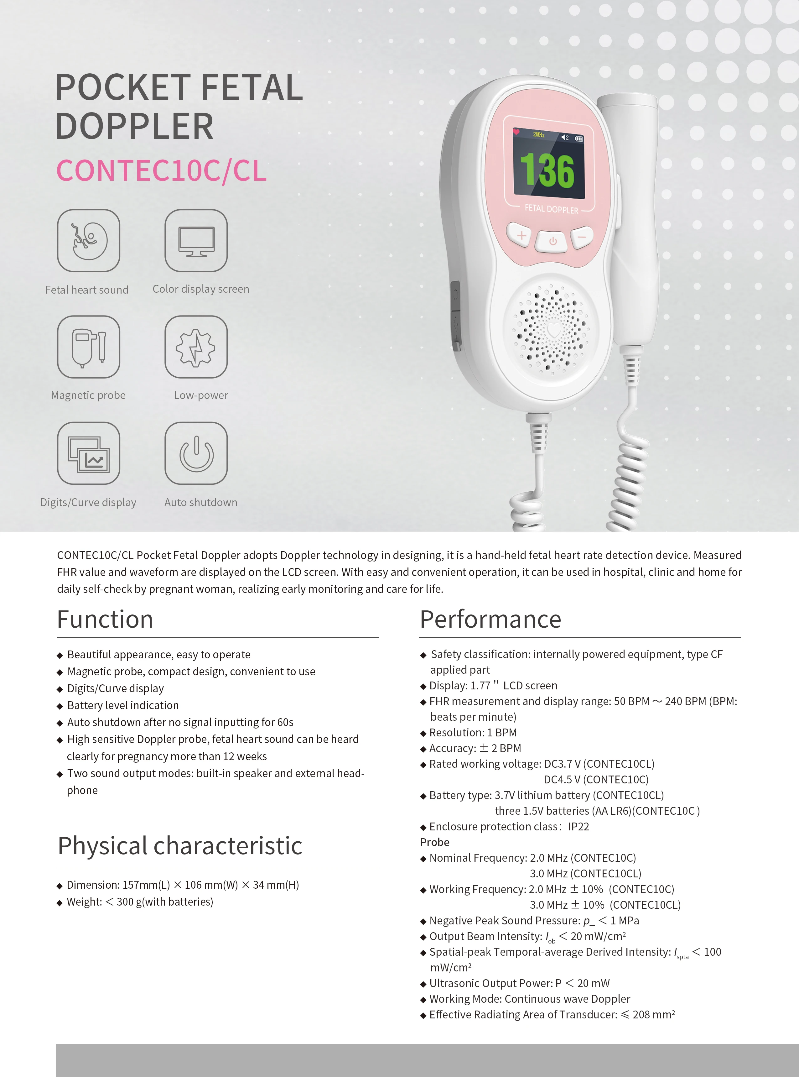 CONTEC10C/CL Water Proof Free Battery Doppler Fetal Pregnant Women Heartbeat Baby Portable Ultrasound Stethoscope No Radiation