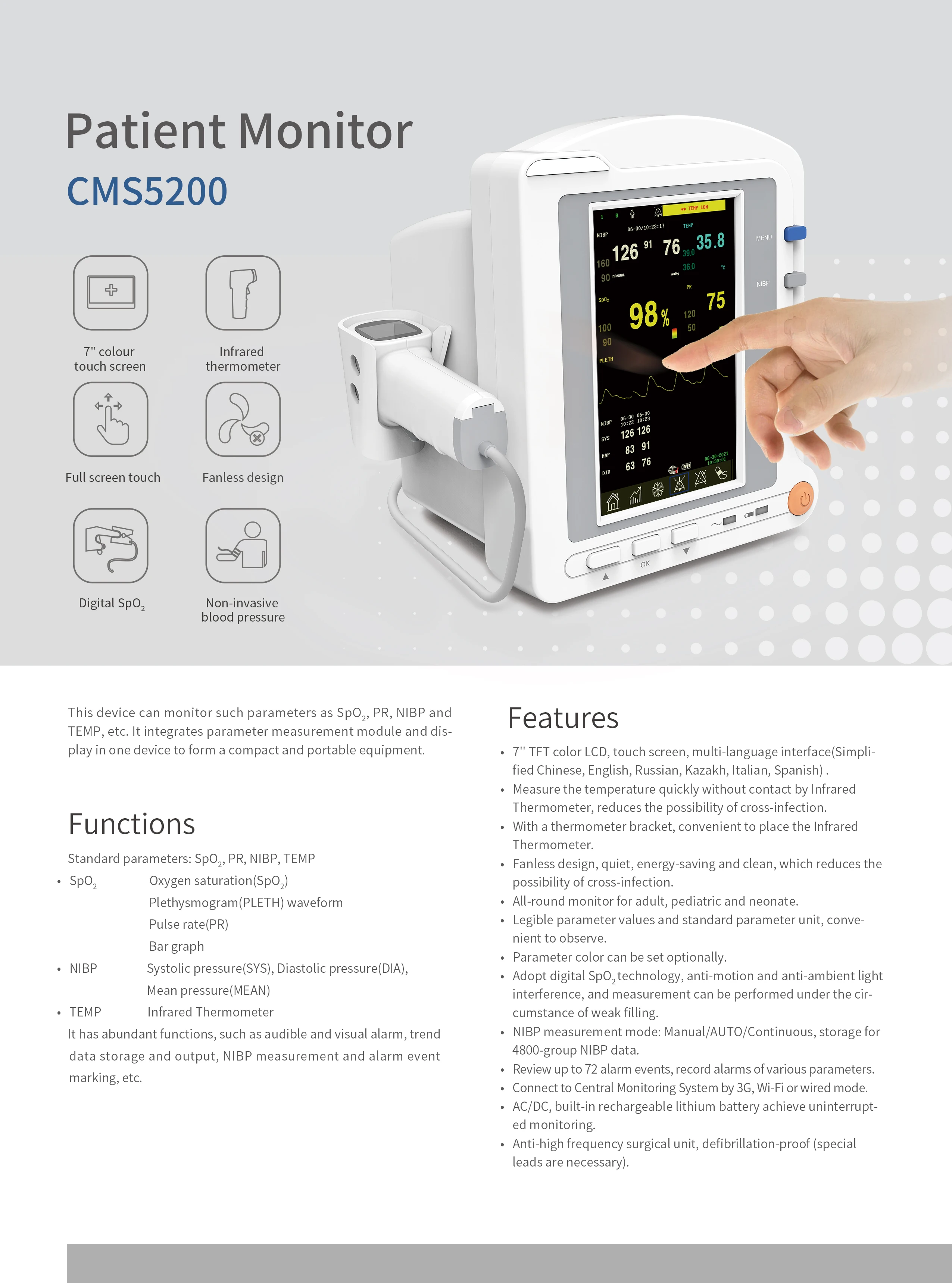 CONTEC CMS5200 Touch Screen Patient Monitor NIBP SPO2 TEMP PR Vital Signs Monitor Thermometer