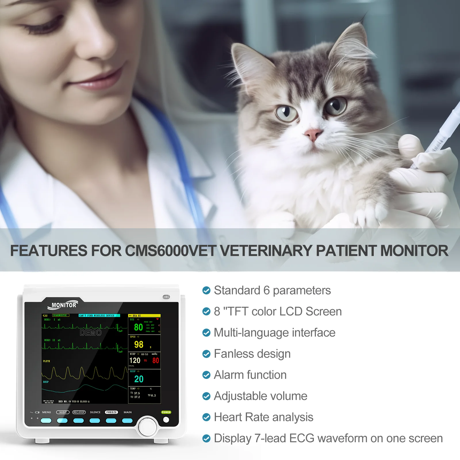 CONTEC Portable Patient Monitor Human/Veterinary 8" Vital Sign Monitor ECG NIBP RESP SPO2 PR TEMP (Printer&Etco2 Option)