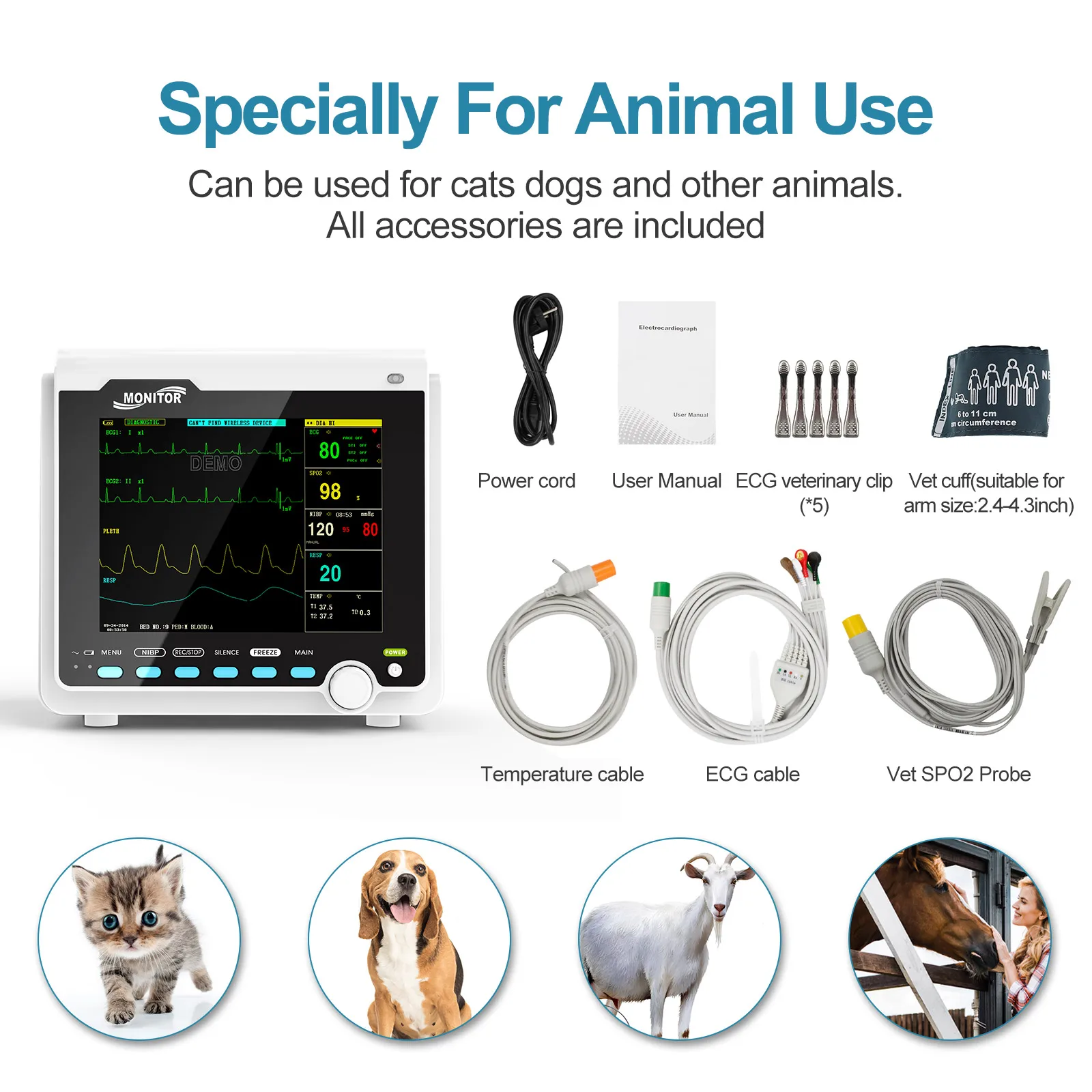 CONTEC Portable Patient Monitor Human/Veterinary 8" Vital Sign Monitor ECG NIBP RESP SPO2 PR TEMP (Printer&Etco2 Option)