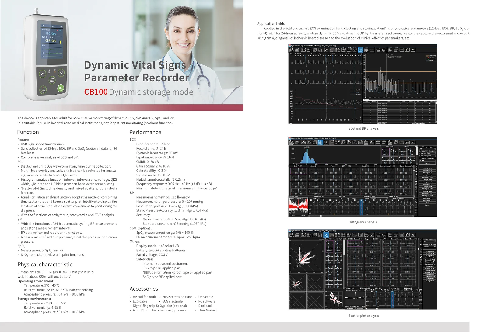 CONTEC CB100 Dynamic Storage Mode Ambulatory Multi-Parameter Recorder Monitor ECG NIBP, SPO2(optional)