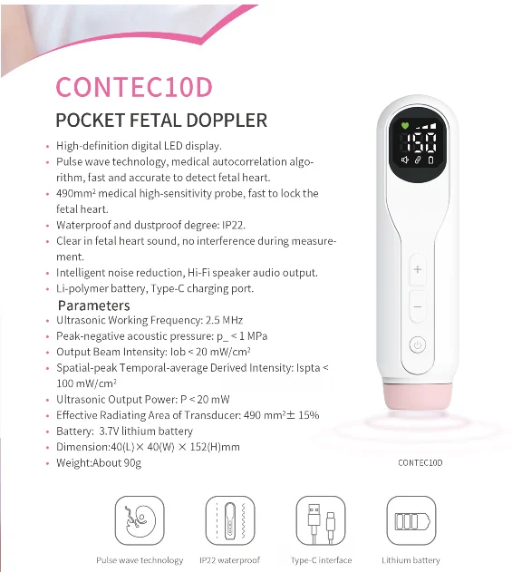 CONTEC10D Prenatal Doppler Fetal Baby Heart Rate Monitor Home Detector LCD Display No Radiation Women 2.5mhz Probe