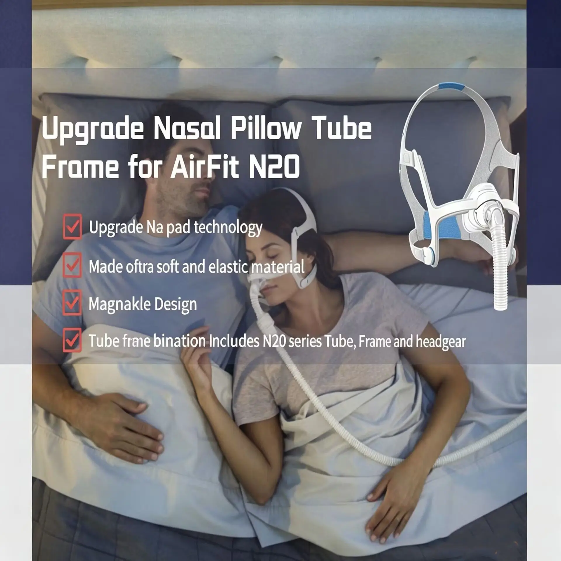 AirFit N20 Nasal CPAP Mask Upgrade Kit Reusable Frame Elbow Assembly with Headgear Tube and Cushion for Sleep Apnea Thera