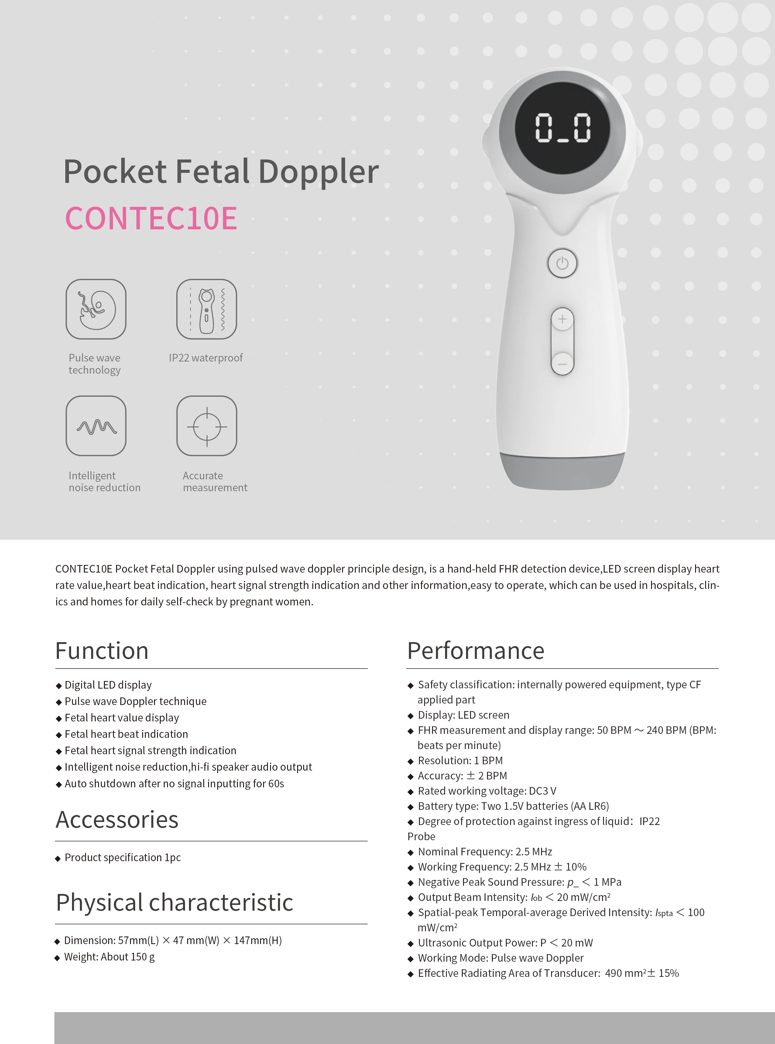Contec Doppler Fetal 10E/10F Heart Rate Monitoring Ultrasound Stethoscope Home Pregnant Women Baby Fetal Movement Prenatal