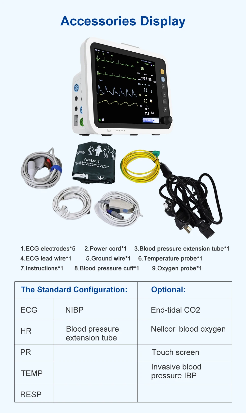 Resoxy Patient Vital Signs Monitor 12.1 Inch Screen Human Use 6 Parameters Medical Patient Monitor ECG NIBP TEMP RESP SPO2 PR