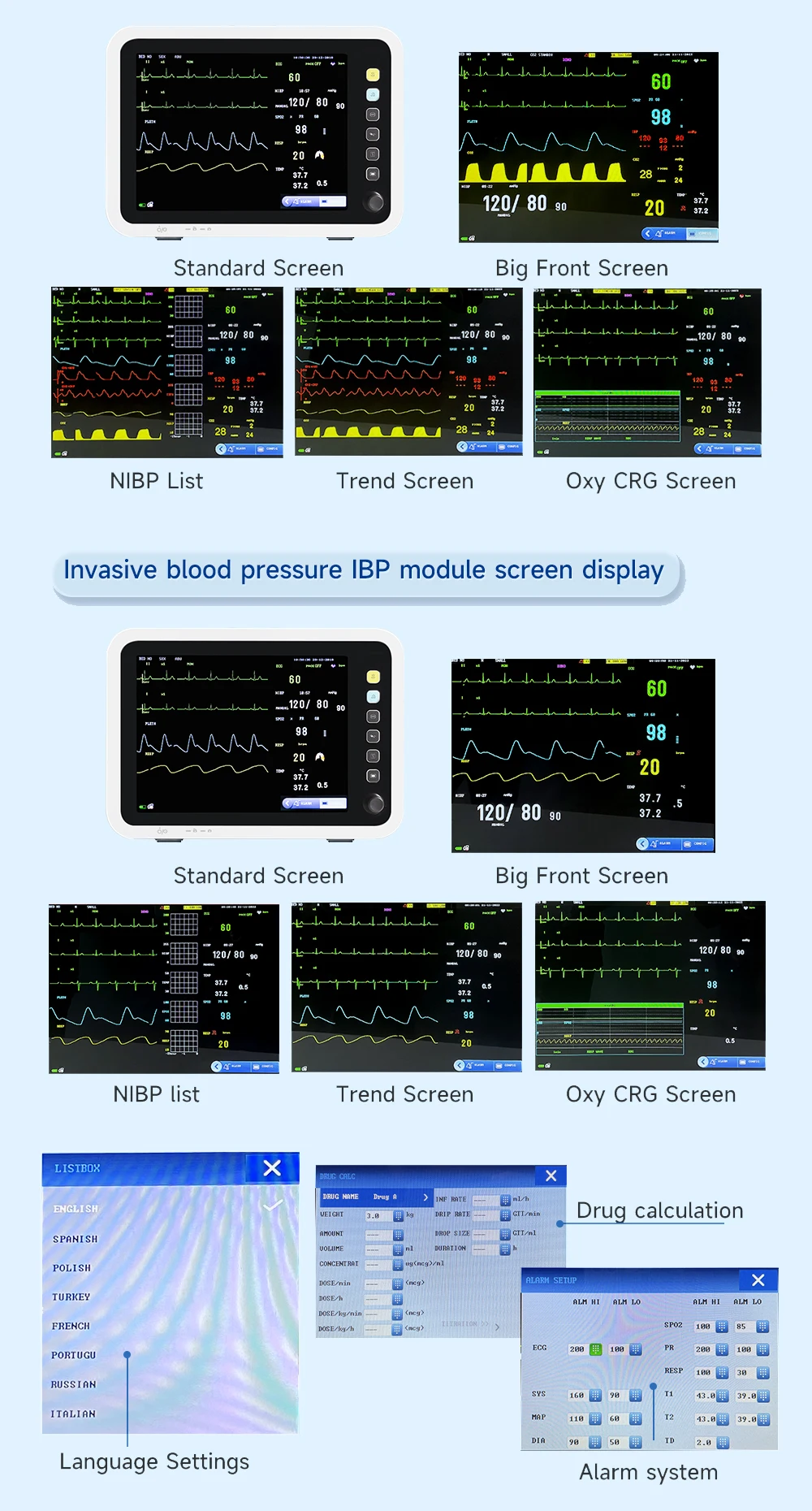 Resoxy Patient Vital Signs Monitor 12.1 Inch Screen Human Use 6 Parameters Medical Patient Monitor ECG NIBP TEMP RESP SPO2 PR