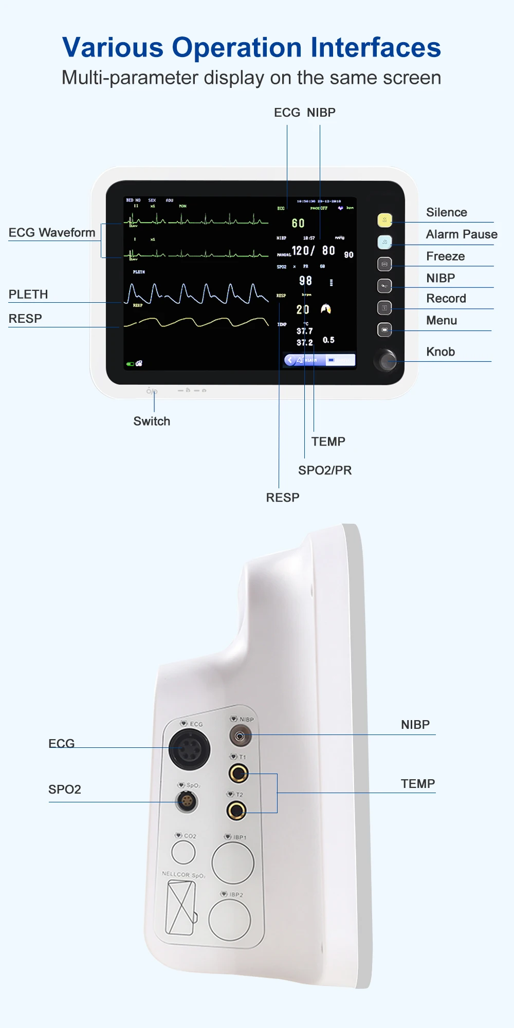 Resoxy Patient Vital Signs Monitor 12.1 Inch Screen Human Use 6 Parameters Medical Patient Monitor ECG NIBP TEMP RESP SPO2 PR