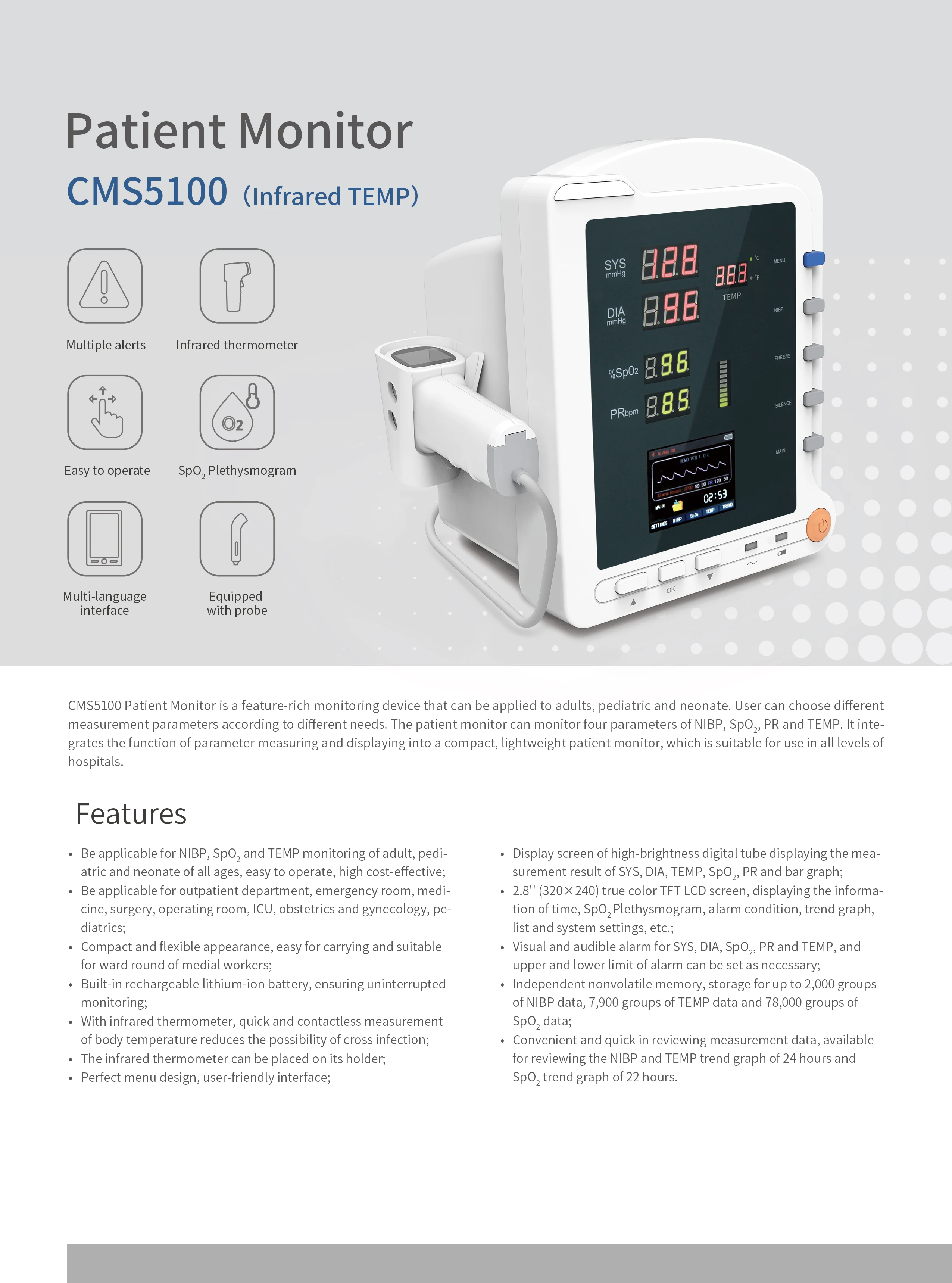 CONTEC ICU Patient Monitor with Infrared Thermometer,SPO2 TEMP NIBP Pulse Rate Vital Signs Monitor