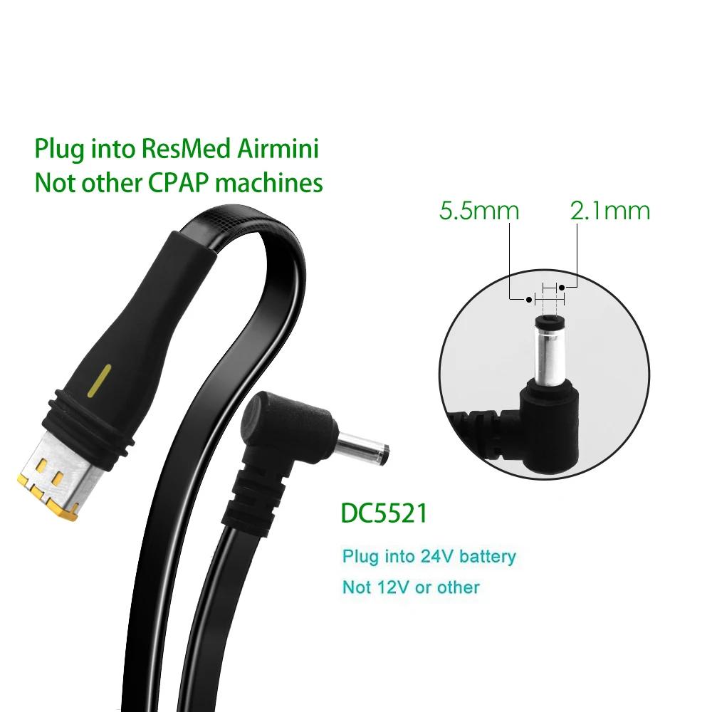DC Power Cable for ResMed AirMini CPAP, 24V Power Cord for External Battery/Power Bank, 5.5x2.1mm Portable Travel Adapter