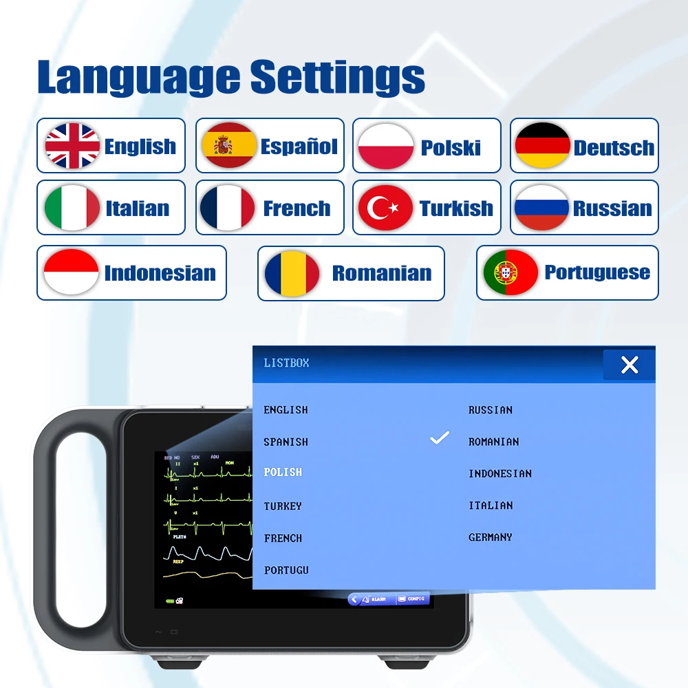 Resoxy E7 Portable 7 Inch Touch Screen Patient Monitor 6-Parameter ICU Vital Signs Tracking Monitor for Hospital & Clinic