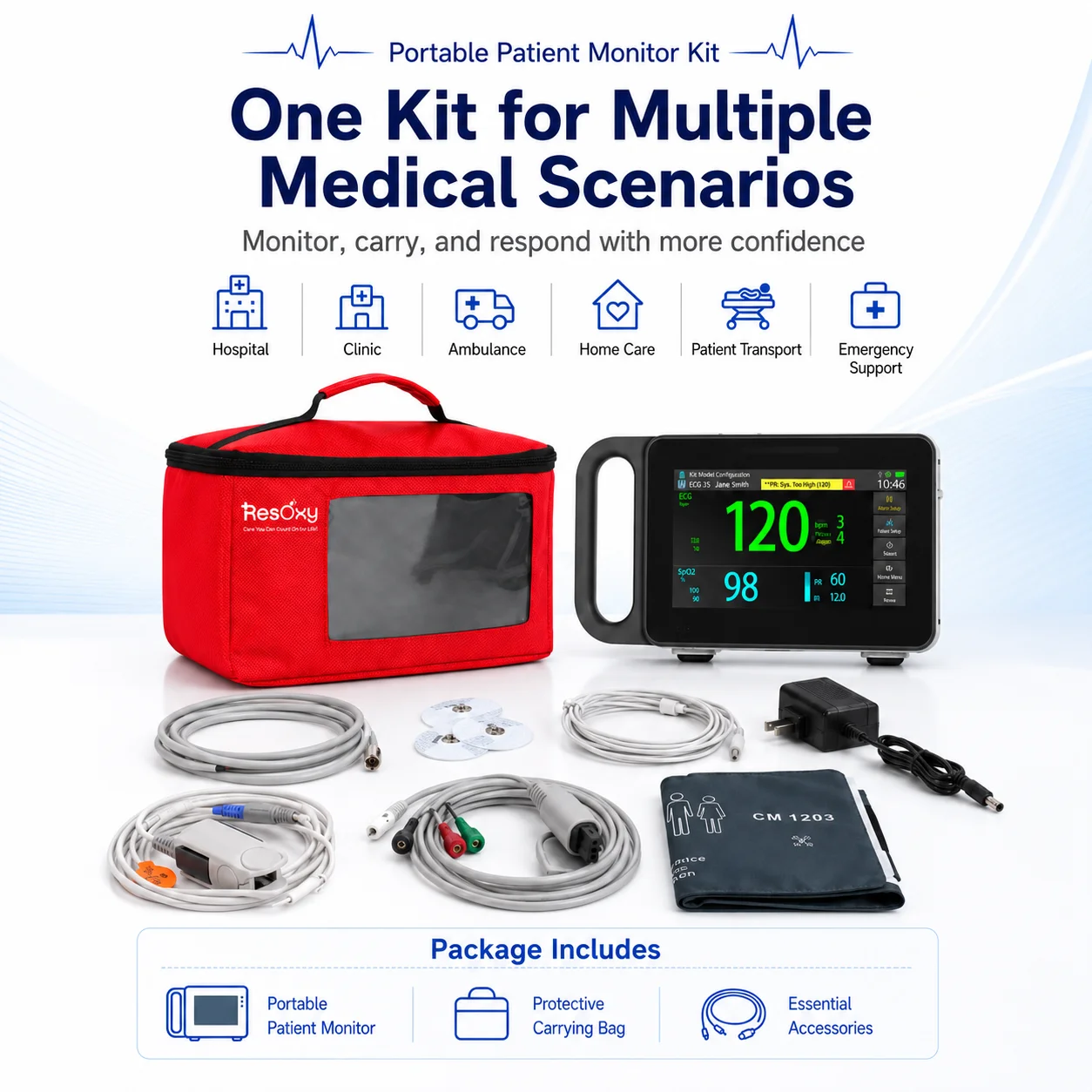 Resoxy E7 Portable 7 Inch Touch Screen Patient Monitor 6-Parameter ICU Vital Signs Tracking Monitor for Hospital & Clinic