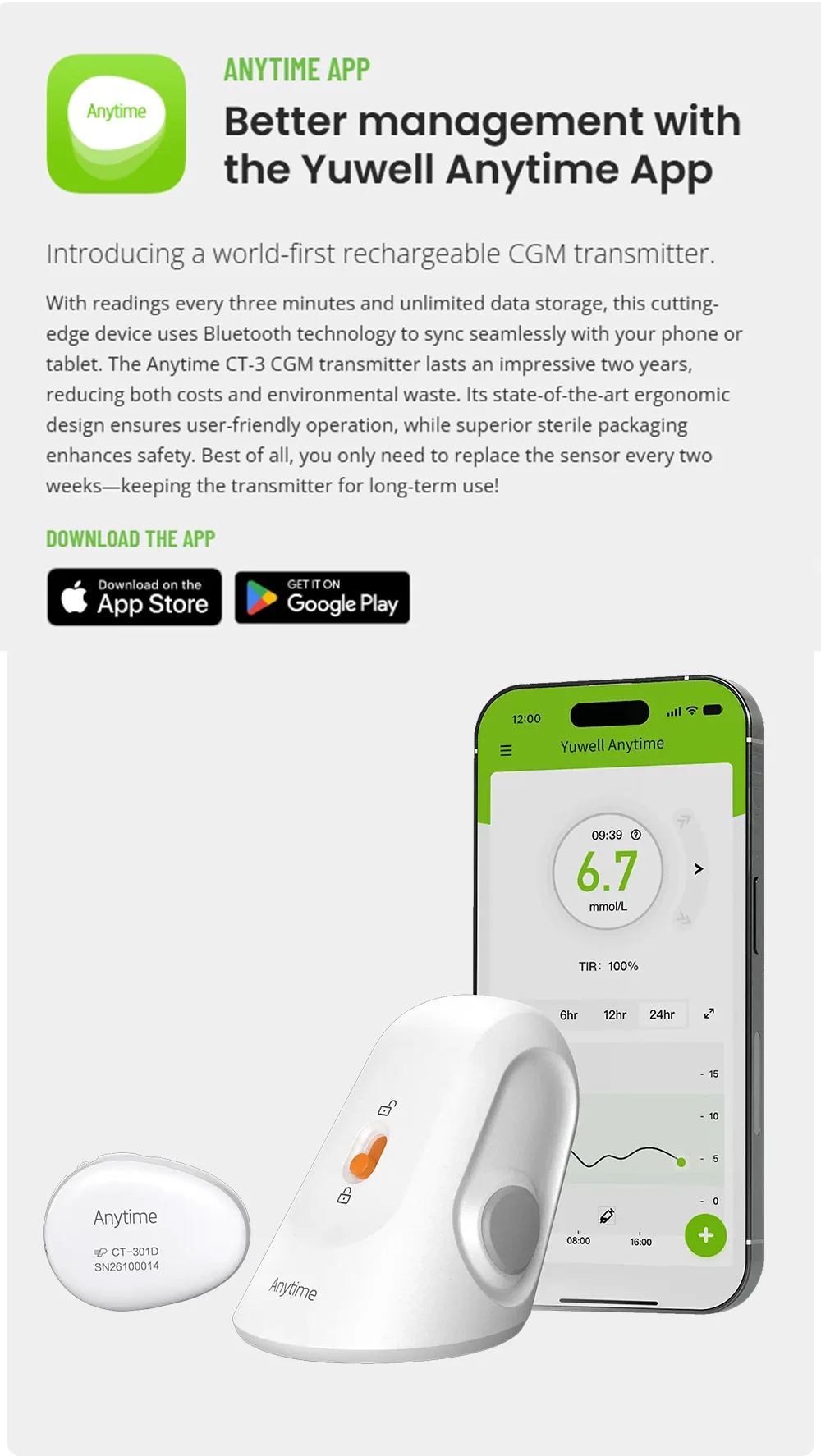 Yuwell CGM Continuous Glucose Monitor 24h Real-time Blood Sugar Test No Finger Pricking Real-time Dynamic Blood Glucose Track