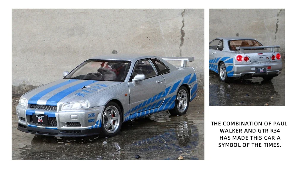1:24 Scale Car Nissan Skyline GTR-R34 Alloy Vehicle Model Diecast Metal Fast&Furious Collectible Childrens Birthday Toy Gifts