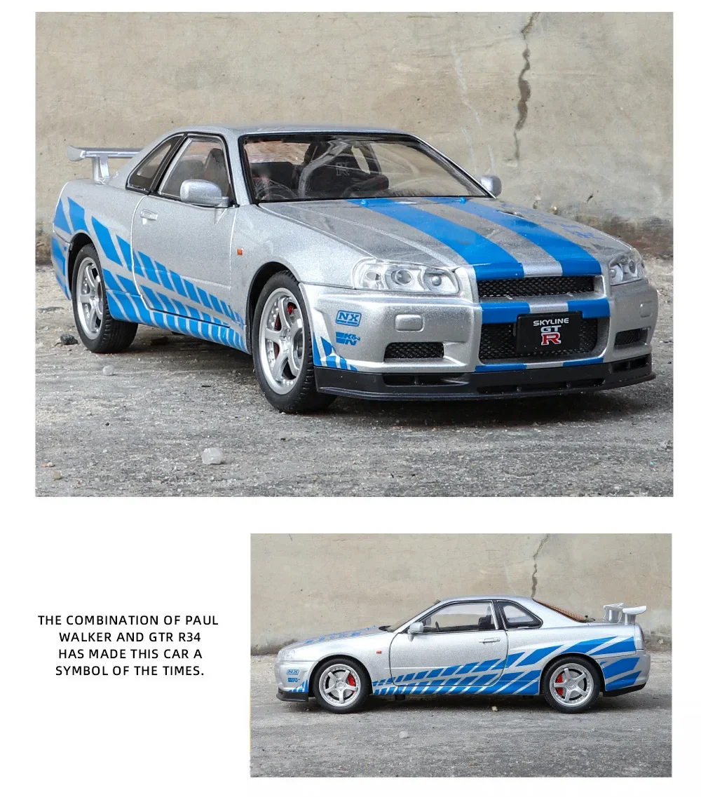 1:24 Scale Car Nissan Skyline GTR-R34 Alloy Vehicle Model Diecast Metal Fast&Furious Collectible Childrens Birthday Toy Gifts