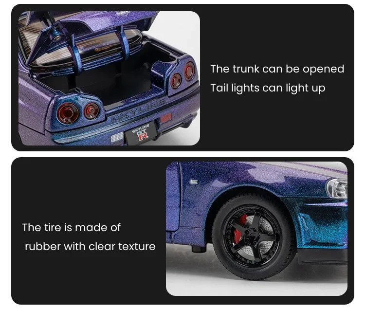 1:24 Scale Car Nissan Skyline GTR-R34 Alloy Vehicle Model Diecast Metal Fast&Furious Collectible Childrens Birthday Toy Gifts