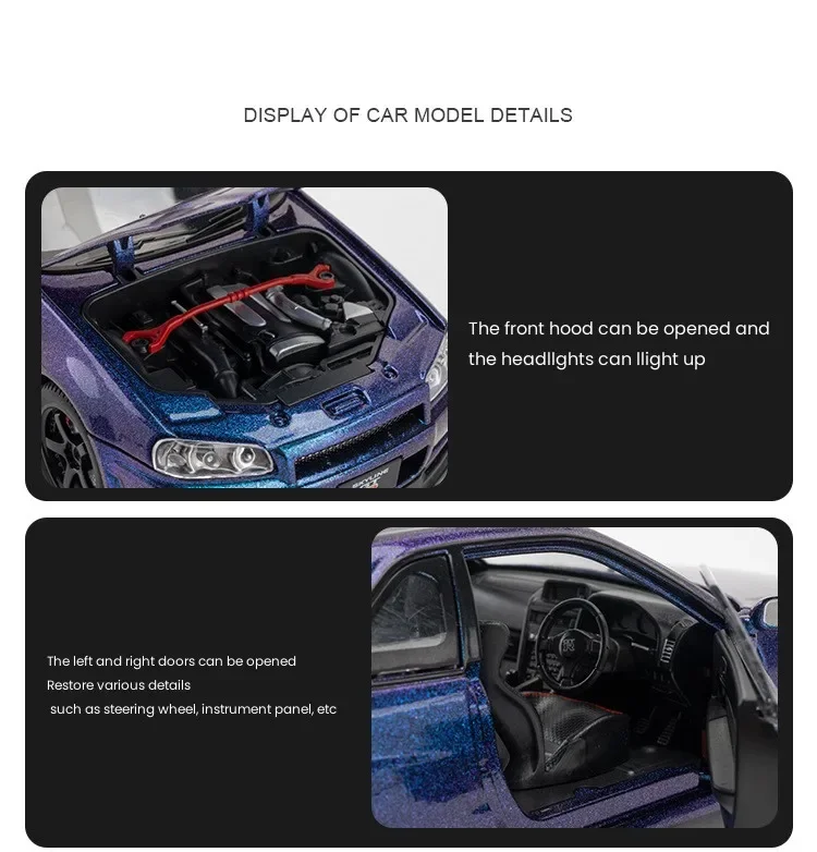 1:24 Scale Car Nissan Skyline GTR-R34 Alloy Vehicle Model Diecast Metal Fast&Furious Collectible Childrens Birthday Toy Gifts