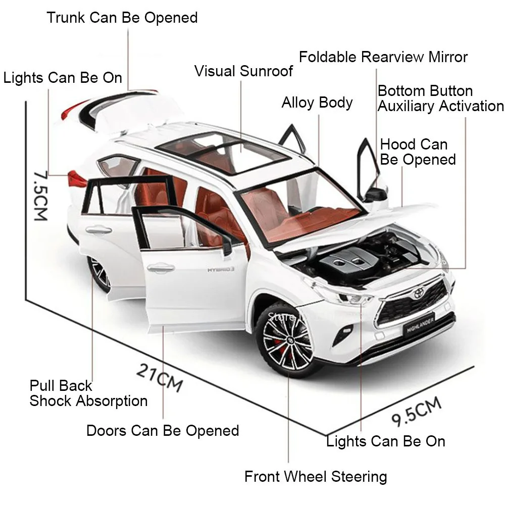 1:24 Scale Highlander RAV4 Toy Model Miniature Cars Alloy Diecast Sound Light Doors Opened Pull Back Shock Absorption Boys Gifts