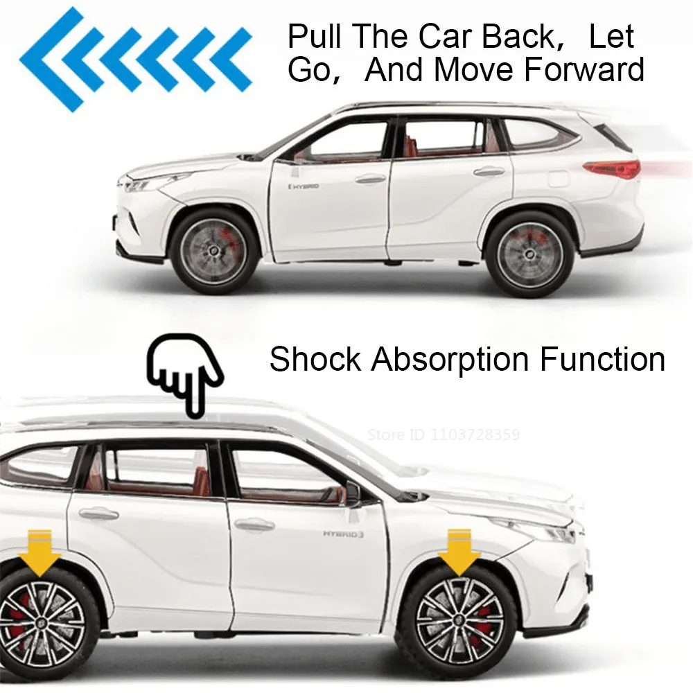 1:24 Scale Highlander RAV4 Toy Model Miniature Cars Alloy Diecast Sound Light Doors Opened Pull Back Shock Absorption Boys Gifts