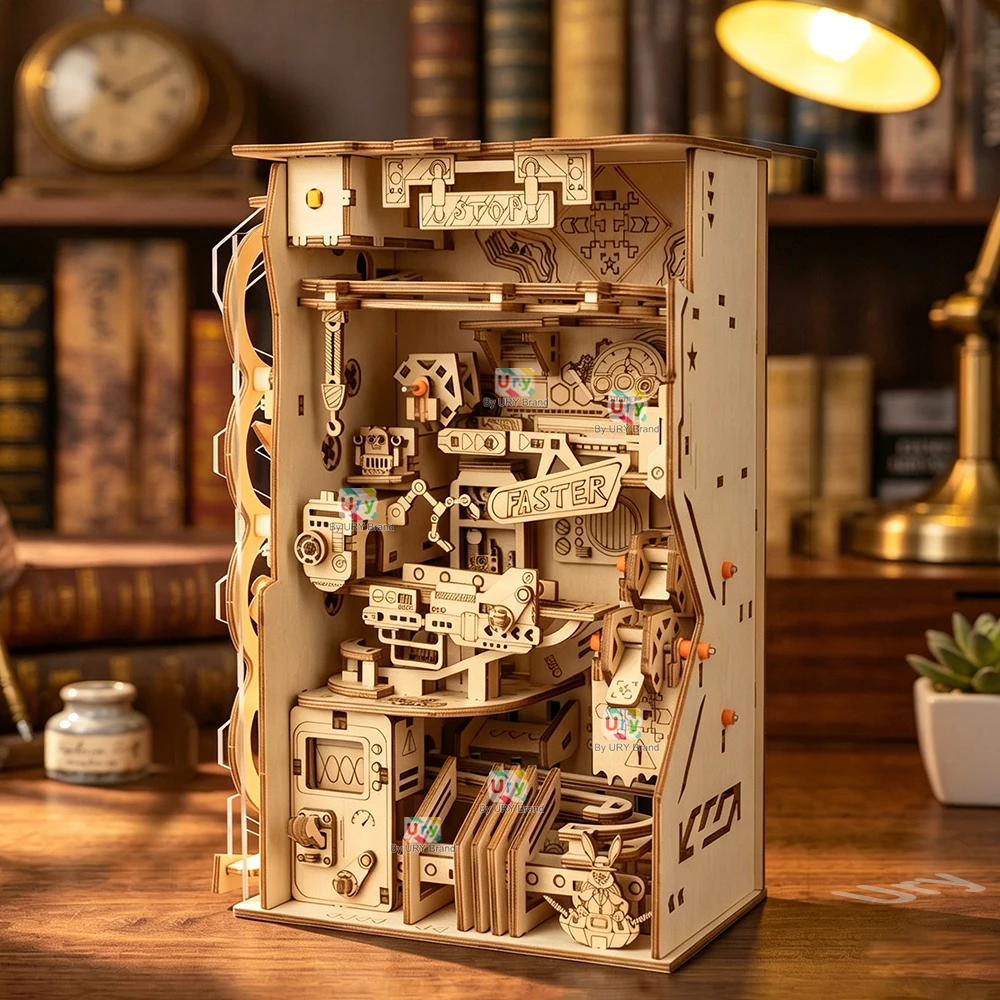Ury 3D Wooden Puzzle Electric Track Device Marble Run Book Nook Set Counter Current Compass Model Ball Maze Assembly Gift