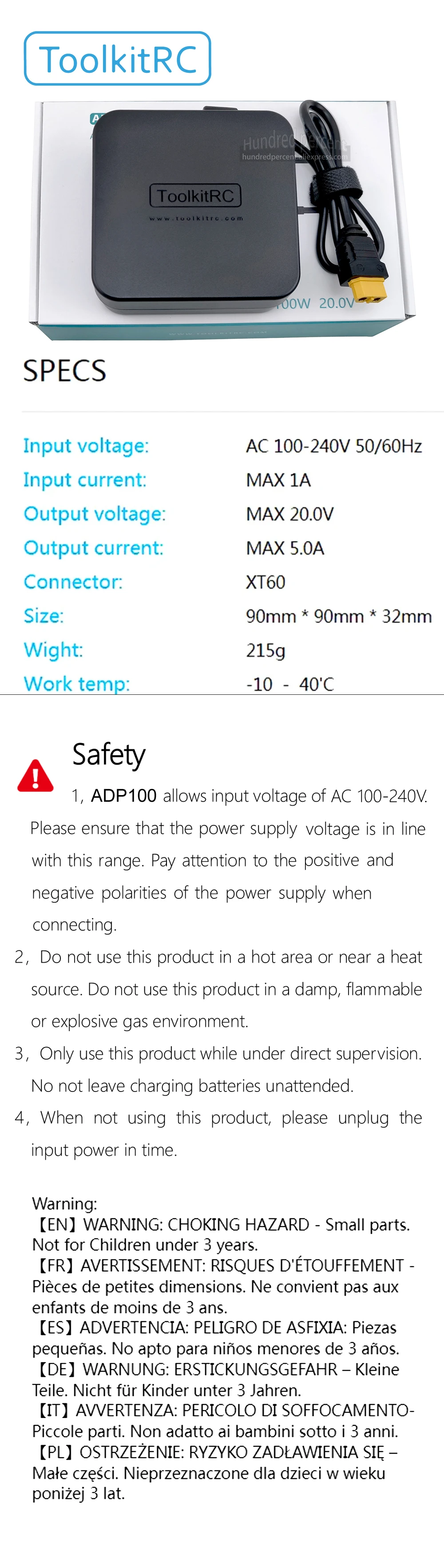 ToolkitRC ADP100 20V 5A 100W European And American Power Adapter Charger XT60 Suitable For M6D M7 M6DAC V2 M8P M4P M9 GT Power