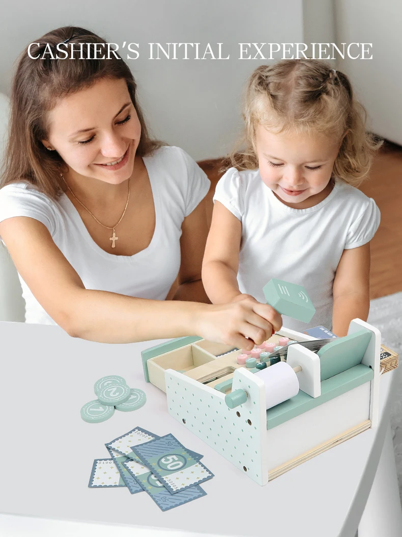 Kids Wooden Simulation Supermarket Checkout Counter Toy Cash Register Kids Role-Play Toys Kitchen Toys Girls Pretend Play