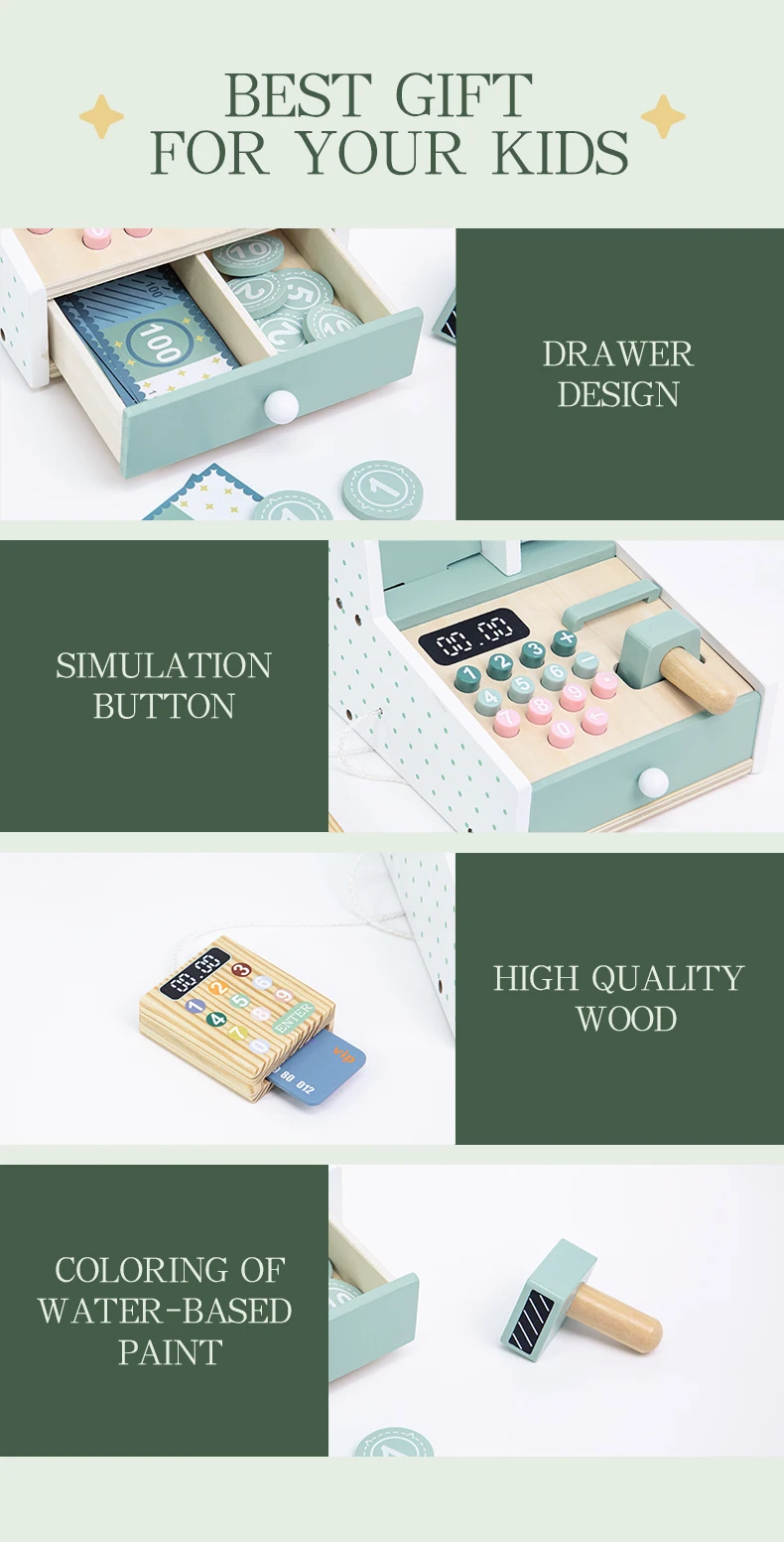 Kids Wooden Simulation Supermarket Checkout Counter Toy Cash Register Kids Role-Play Toys Kitchen Toys Girls Pretend Play