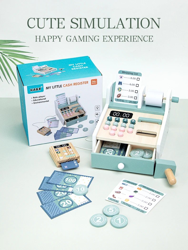 Kids Wooden Simulation Supermarket Checkout Counter Toy Cash Register Kids Role-Play Toys Kitchen Toys Girls Pretend Play