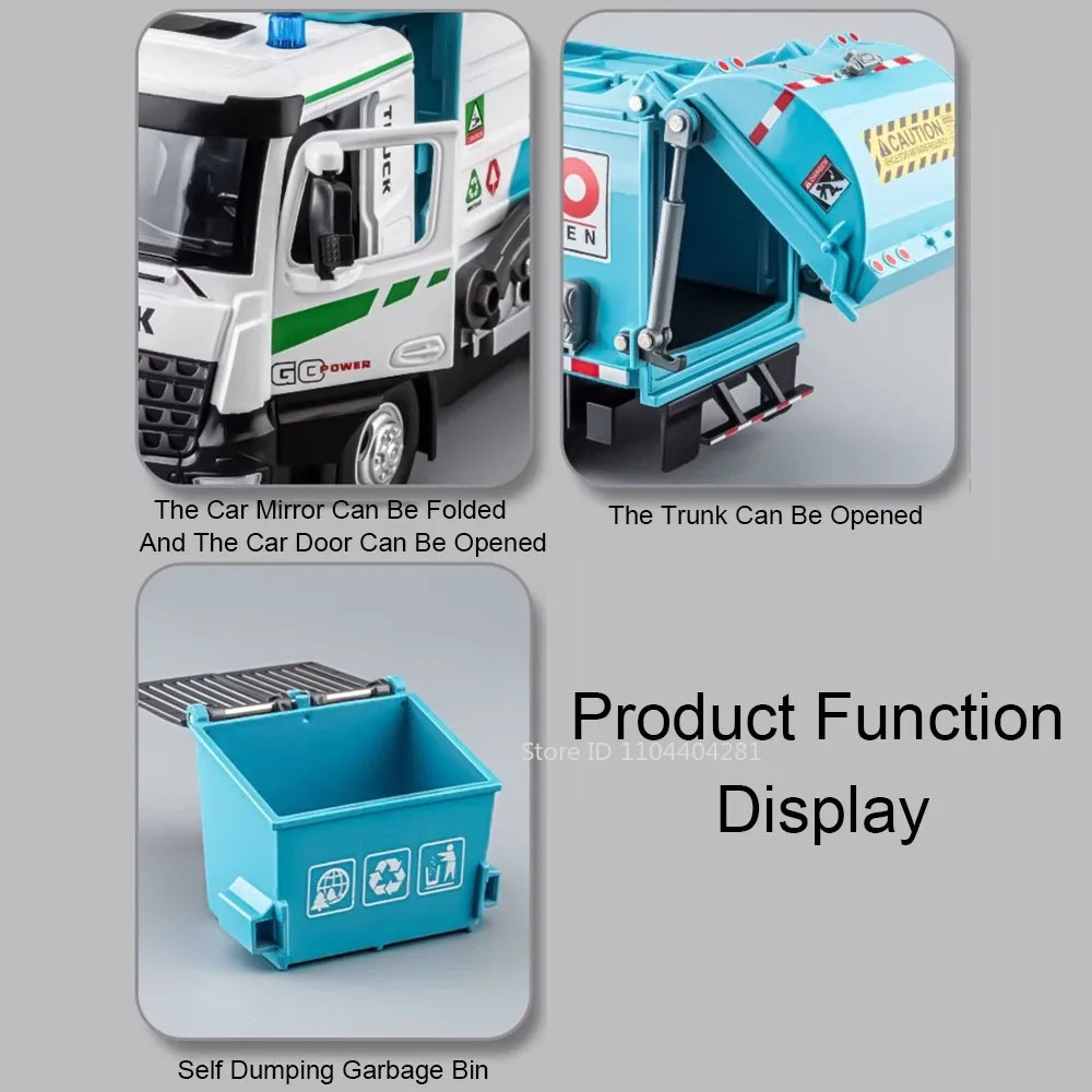 1:18 Electric Sanitation Garbage Truck Toy Cars Model Alloy Water Tanker Diecast Light Sound Vehicle Children's Educational Toys