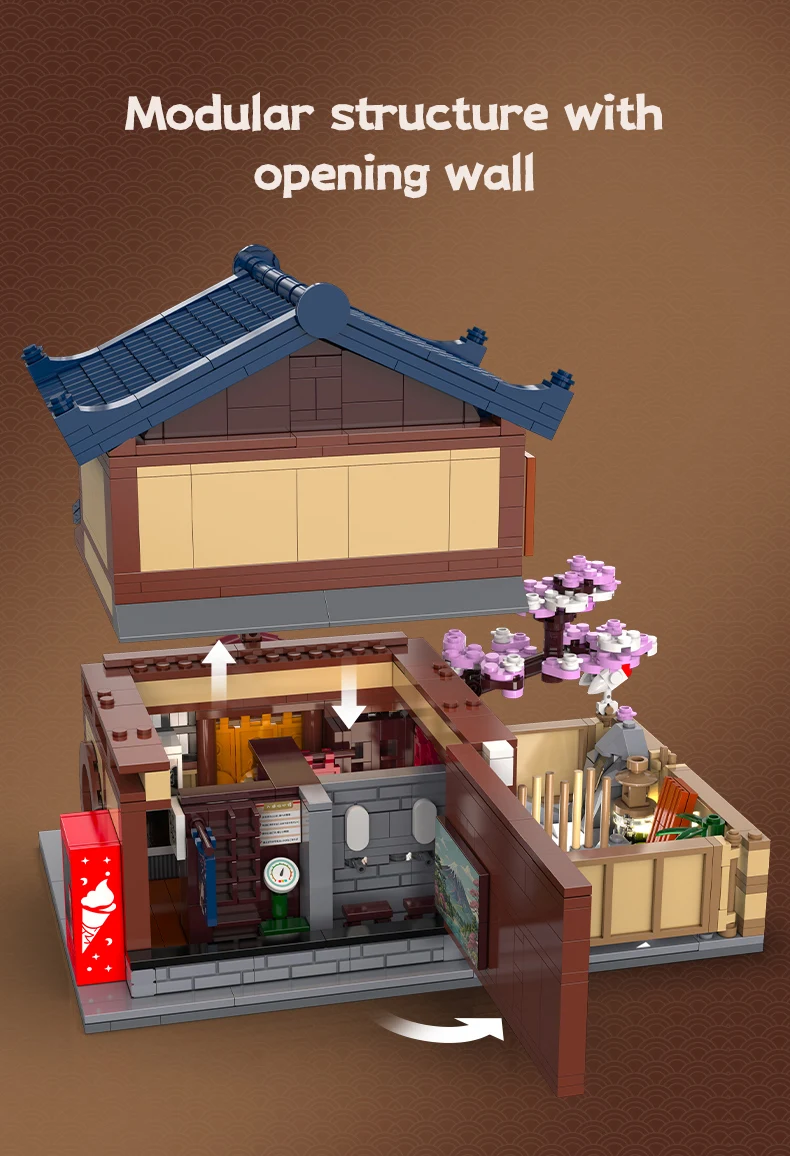 Cada Japanese Sushi HouseBricks Shop LED Japanese Steamed Bun House Building Blocks Summer Cafe Cada Toy Street View Series Set