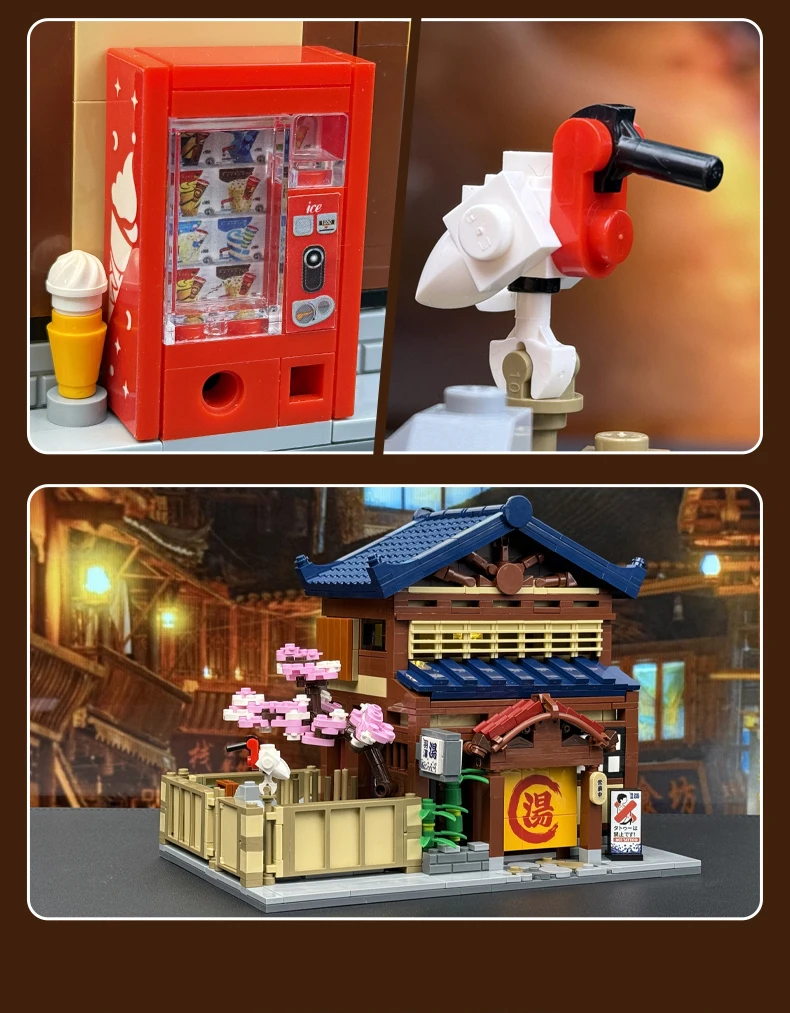 Cada Japanese Sushi HouseBricks Shop LED Japanese Steamed Bun House Building Blocks Summer Cafe Cada Toy Street View Series Set