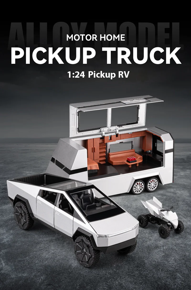 Cyber Truck Pickup Trailer RV Metal Alloy Toy Car Model Die-Casting Off-Road Vehicle Men's Gift Collection Truck Ornaments