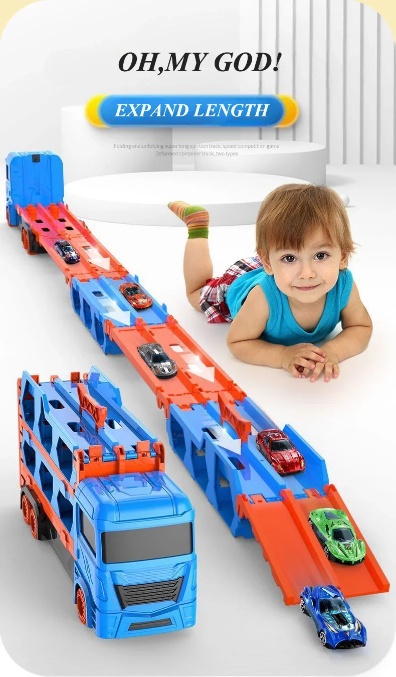 Large Car Transporter Truck Folding Track Racing Vehicle Kids Competitive Games Storage Alloy Car Boy Toy Children Novel Gift