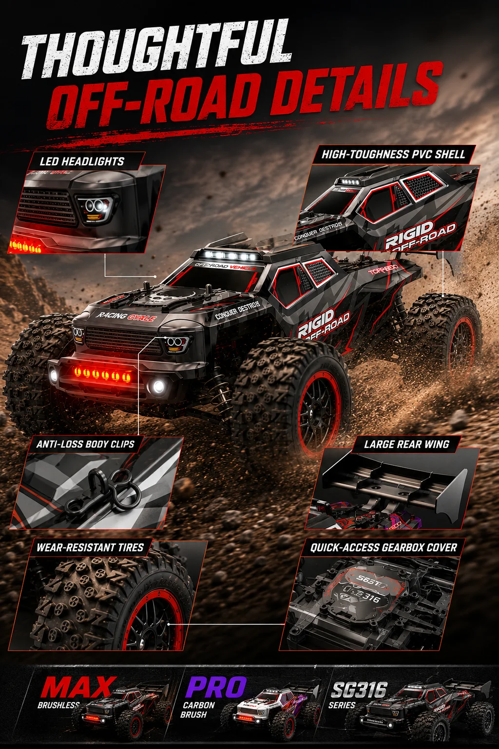 Sg316 Rc Car 4X4 Off Road 75Km/H Brushless Motor 35Km/H Brush Motor with Metal Drive Shaft 2.4g High Speed Remote Control Car