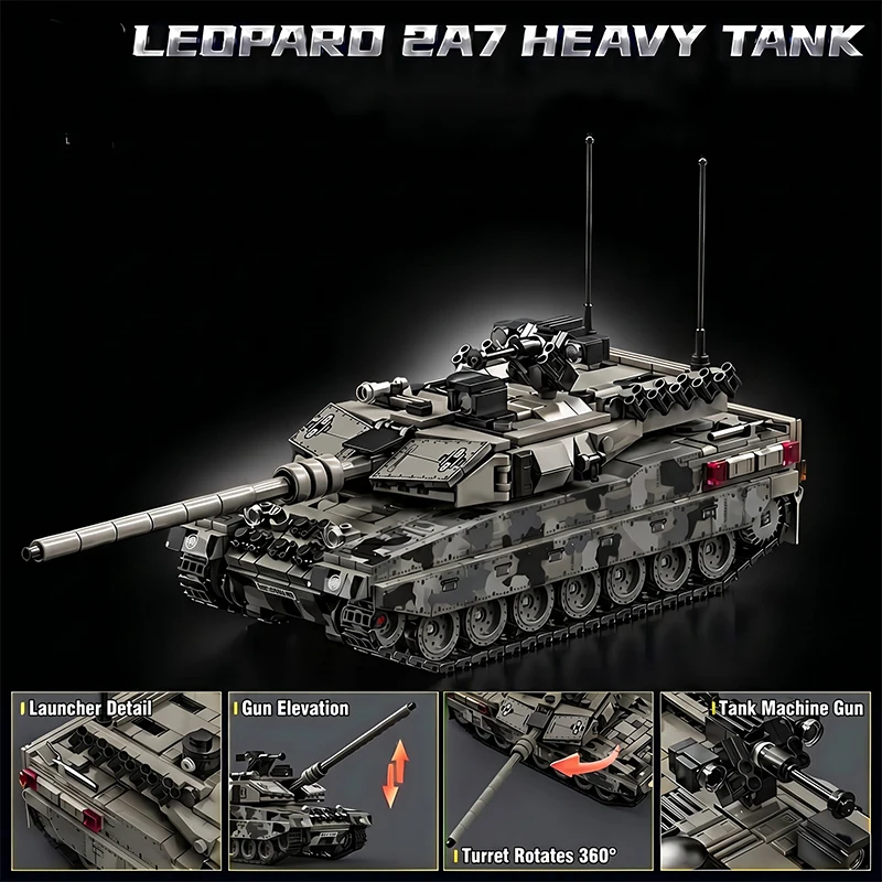 1007pcs Military Series Building Blocks Model War Leopard 2A7 Heavy Tank Bricks Sets WW2 Creative Toys Adult Gifts Room Decor