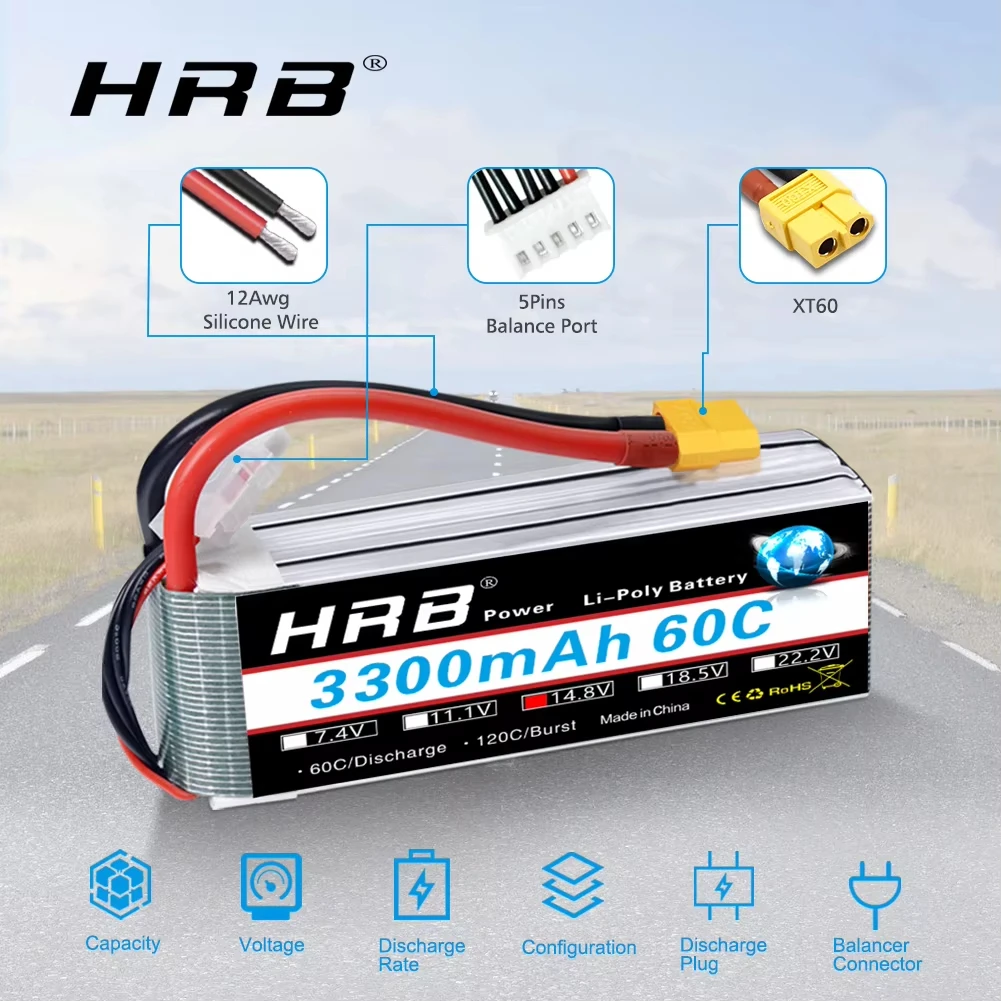 HRB 14.8V 4S 3300mah Lipo Battery XT60 60C For RC FPV Airplanes Drone Racing Boat Car Parts