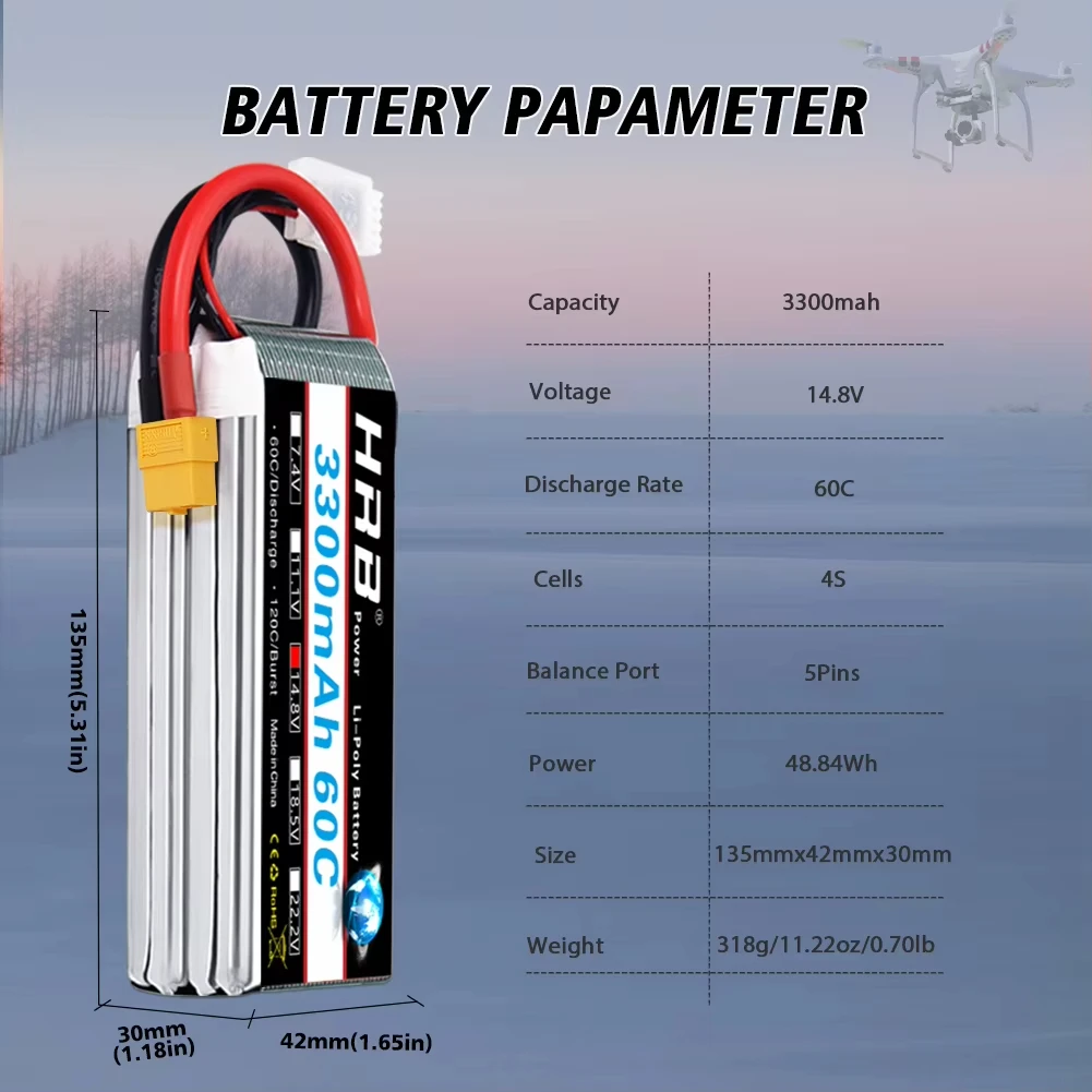 HRB 14.8V 4S 3300mah Lipo Battery XT60 60C For RC FPV Airplanes Drone Racing Boat Car Parts