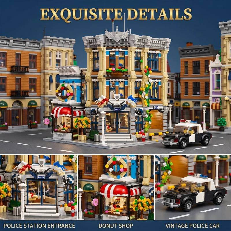 Town Police Station with 6 Figures Modular Buildings Blocks City Center Street View Apartment Store Architecture Brick Model Kit Toy Adults DIY Gift 3111PCS