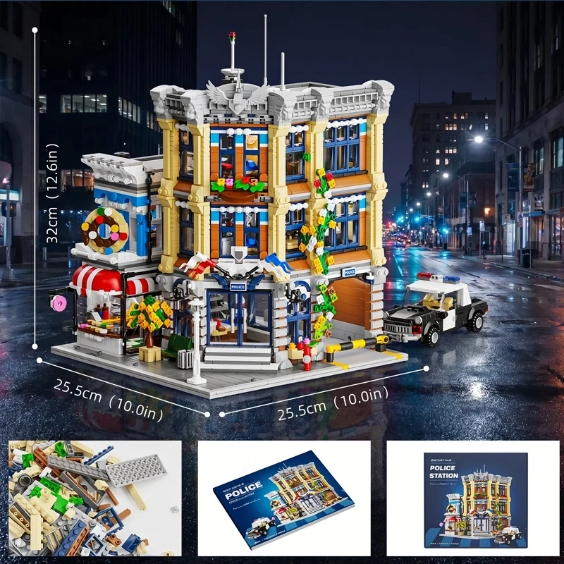 Town Police Station with 6 Figures Modular Buildings Blocks City Center Street View Apartment Store Architecture Brick Model Kit Toy Adults DIY Gift 3111PCS