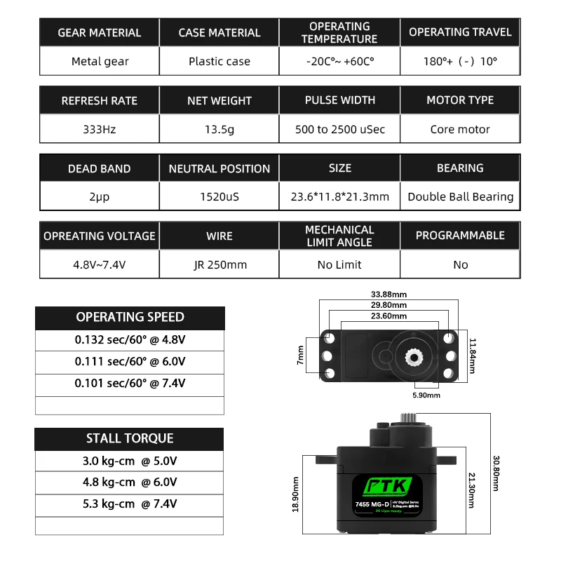 PTK 7455MG-D servo 12g Digital Servo Metal Gear for EPP F3P Glider RC Model Car Helicopter Airplane Hitec HS-65 same level