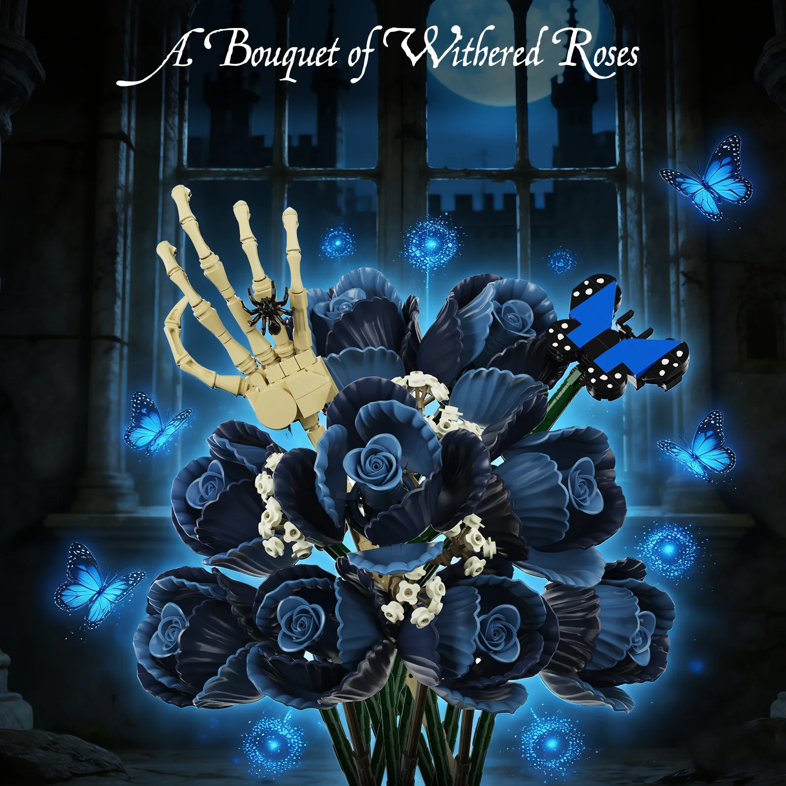 Corpse Bride Bouquet Building Blocks Set Room Decoration Blue Roses Flowers Model Toys Gifts for Mother Day Lover Day