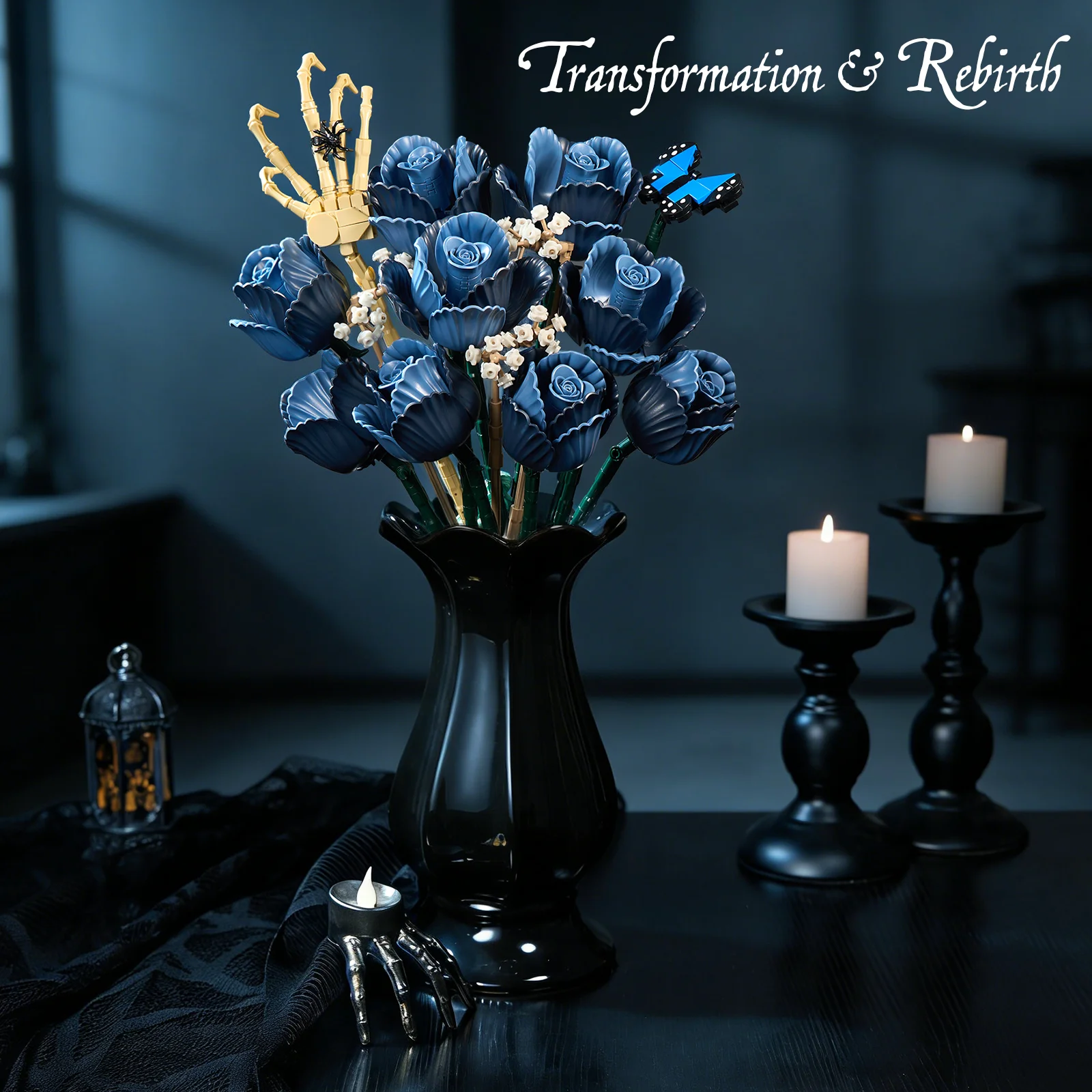 Corpse Bride Bouquet Building Blocks Set Room Decoration Blue Roses Flowers Model Toys Gifts for Mother Day Lover Day