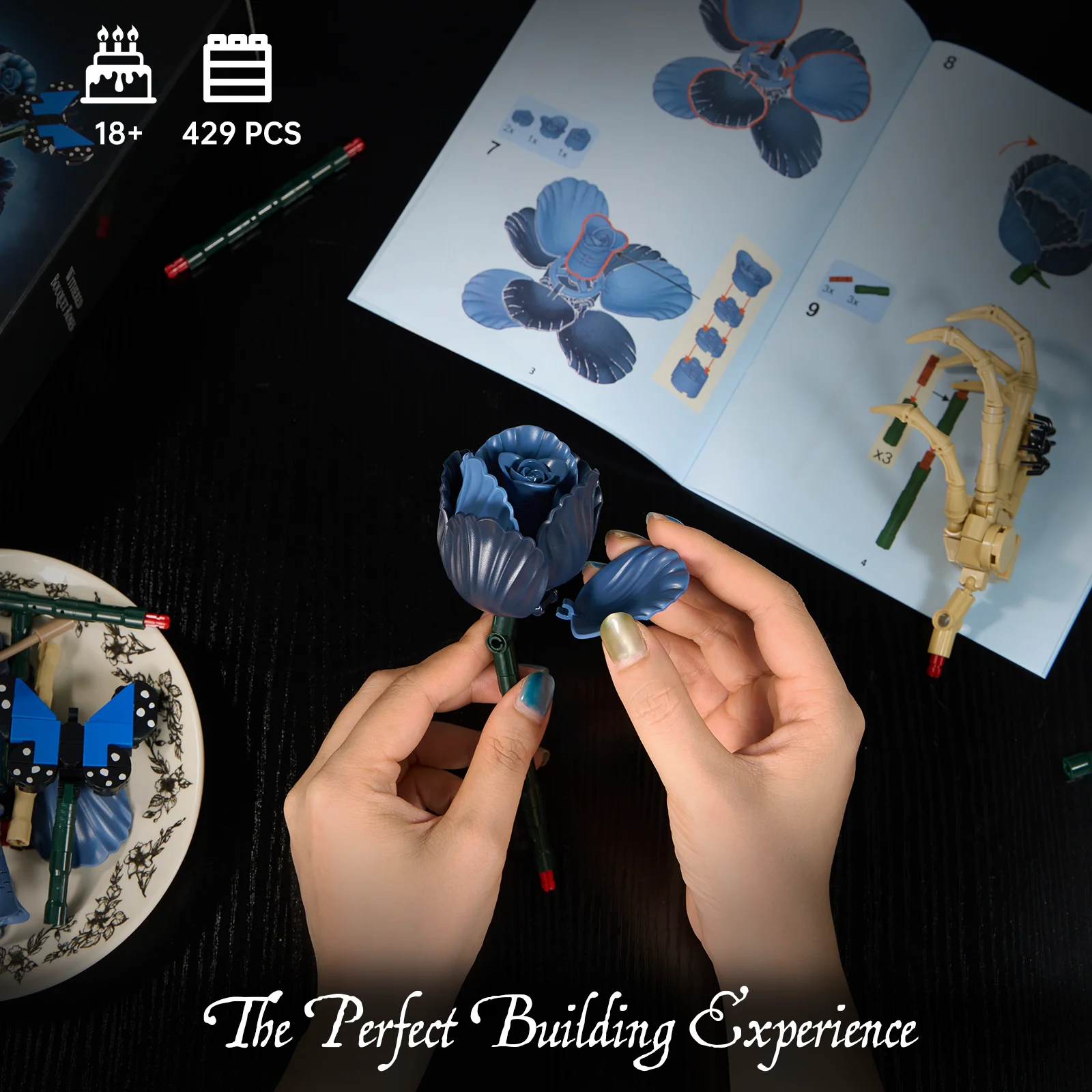 Corpse Bride Bouquet Building Blocks Set Room Decoration Blue Roses Flowers Model Toys Gifts for Mother Day Lover Day