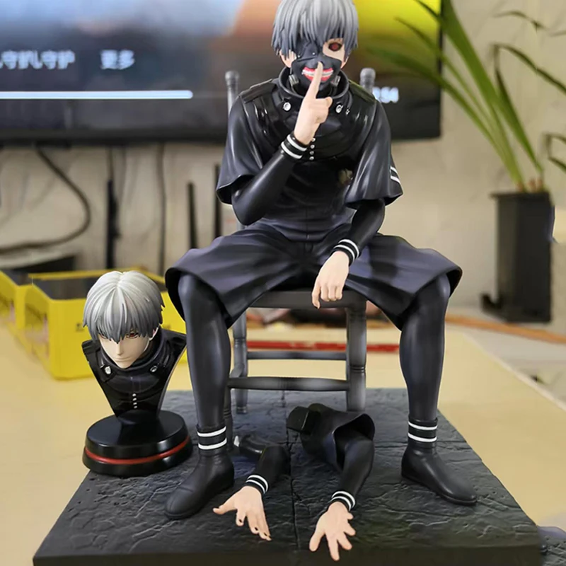 20cm Ken Kaneki Sitting Figure Tokyo Ghoul GK Replaceable Double Head Double Arms Statue With Base Anime Model Toy Deco Boy Gift
