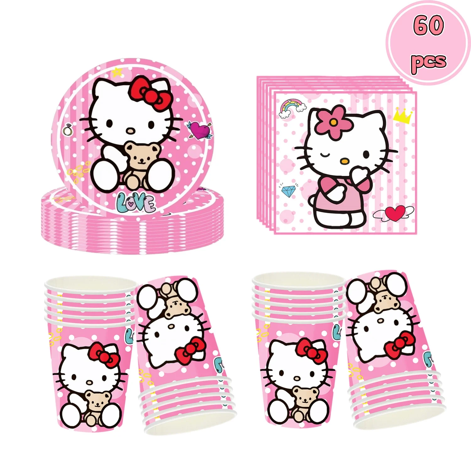 60Pcs Cute Pink Cartoon Cat Birthday Party Decor Plates Cups Napkin Disposable Tableware for Girls Birthday Baby Shower Supplies
